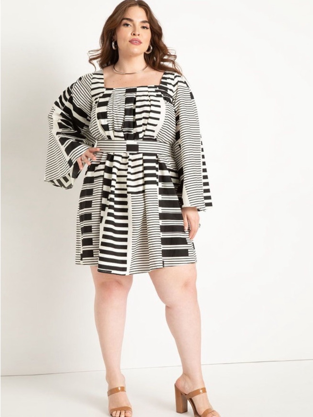Eloquii Black & White Striped Square-Neck Flare Sleeve Mini Dress